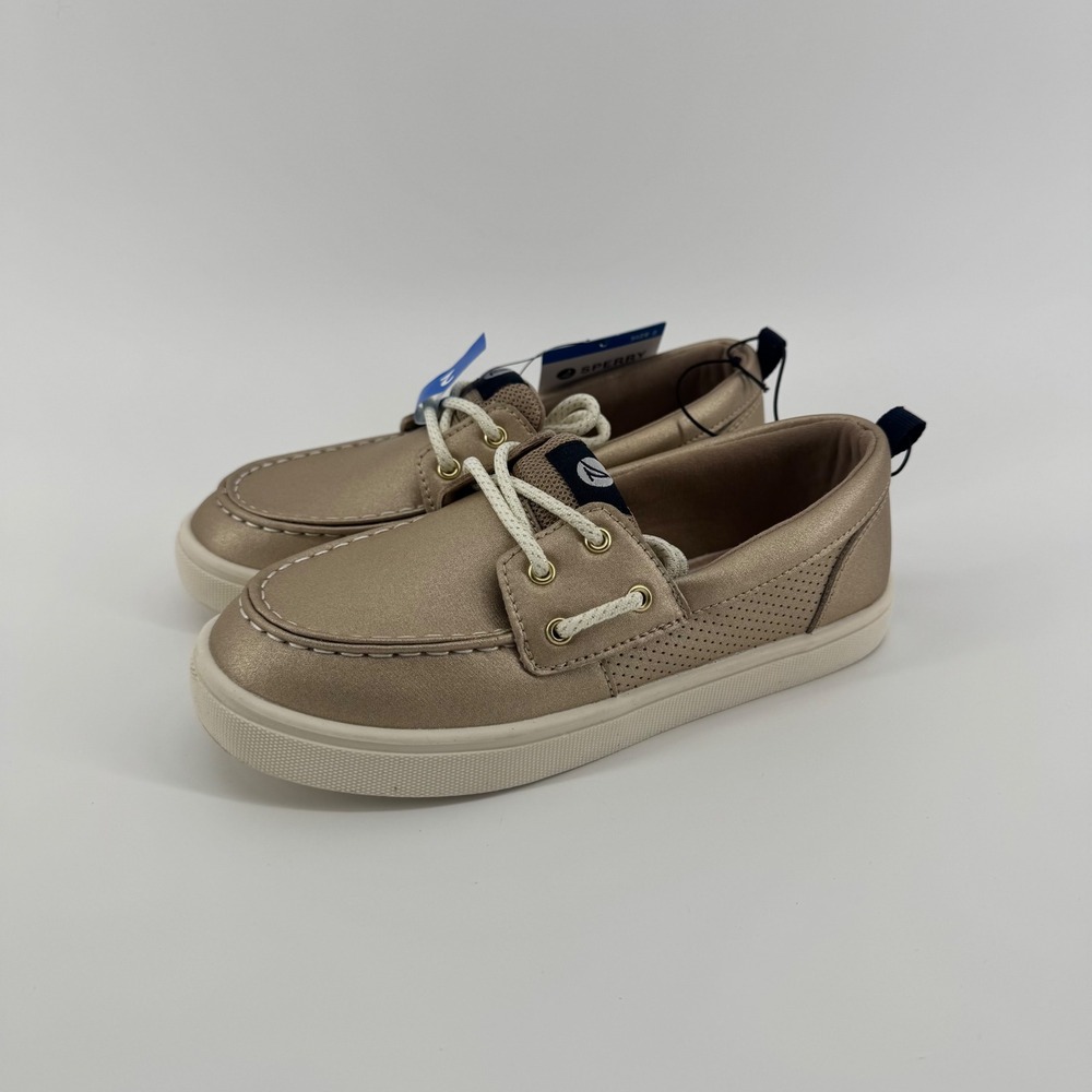 Sperry Metallic Faux Leather Girls Size 2 Boat Shoe Gold Loafer Preppy Nautical